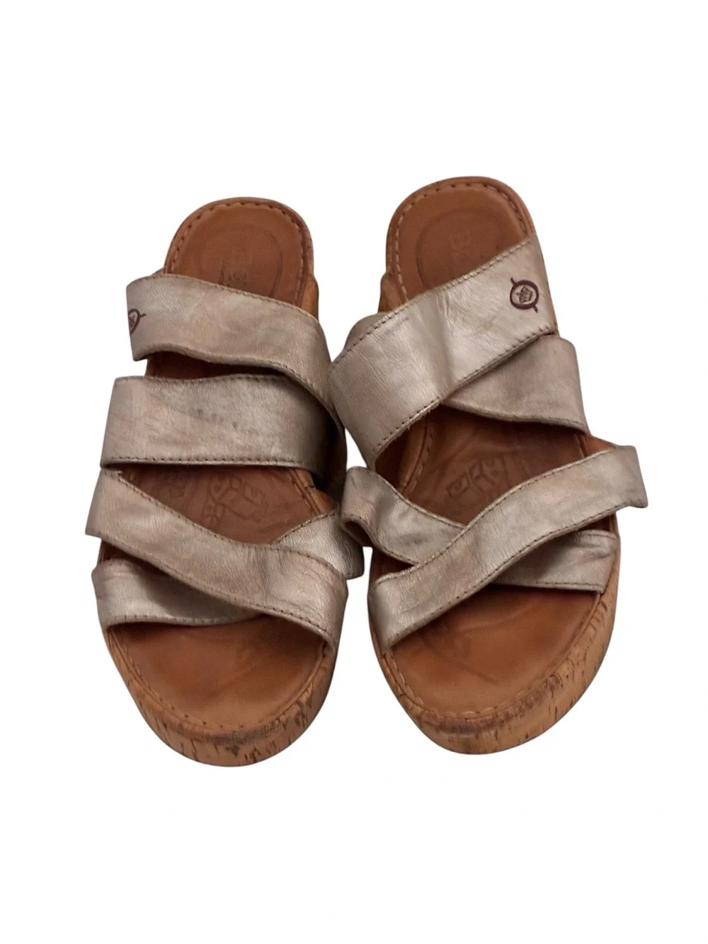 Born | Cork wedge silver metallic genuine leather wedge crisscross sandals sz 8